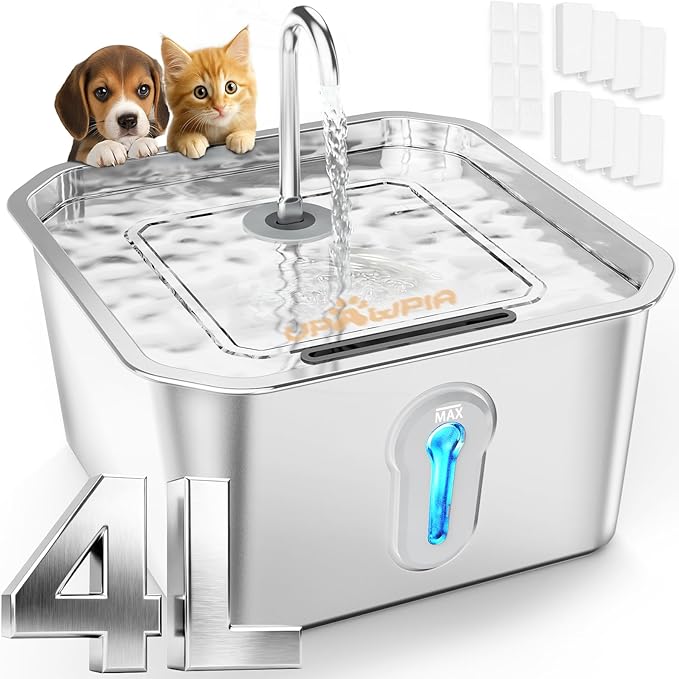 4L/135oz Large Cat Water Fountain Stainless Steel with 8 Filters Pet Water Fountain for Cats Quiet Indoor Pets Dog Small Animal Automatic Dog Water Dispenser for Drinking Watering Supplies