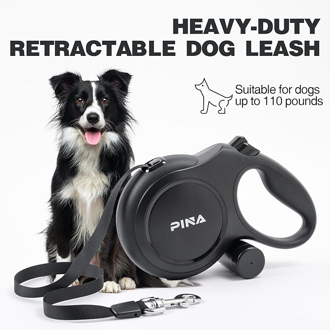 PINA Upgraded Retractable Dog Leash, 26 ft Dog Leash for Small Medium Large Dogs Up to 110lbs, Heavy Duty Reflective Nylon Tape 360° Tangle-Free, with Anti-Slip Handle, One-Handed Brake, Pause, Lock