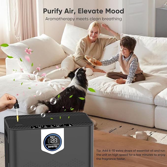 DAYETTE Air Purifier for Home Large Room Bedroom Up to 3000 Ft² with Washable Pre-Filter, Air Quality Monitor, HEPA Air Purifiers with Sleep Mode for Dust, Pollen,Black