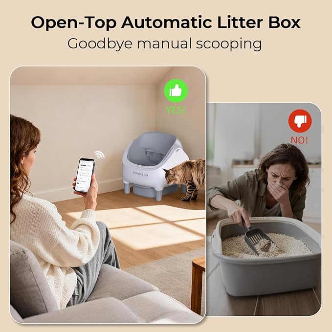 Automatic Cat Litter Box Self Cleaning, App Control, Open-Top Automatic Litter Box with Safety Sensors, Ultra-Quiet, 10L Waste Bin with Odor Control, 2 Rolls of Garbage Bags, LightGrey