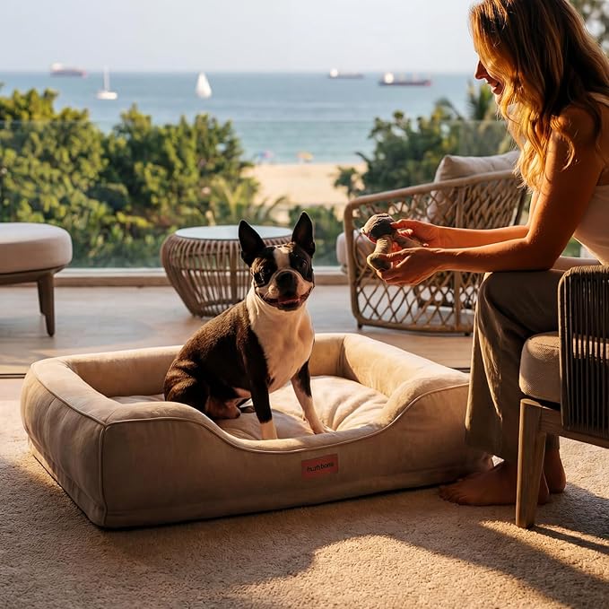 Cooling Dog Beds for Large Dogs with Removable Faux Fur Washable Covers,Waterproof Orthopedic Pet Couch Bed with Cool Gel Memory Foam and Bolster Side for Senior Pets,36" x 27" x 6.5" Beige