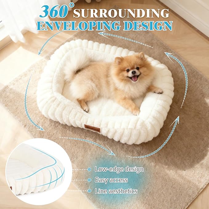 Cute Washable Dog Bed for Small Medium Dogs, Orthopedic Plush Rectangle Anti-Anxiety Dog Bed, Medium Calming Bolster Puppy Bed with Durable Removable Zipper Cover&Anti-Silp Bottom, 30in, Cream