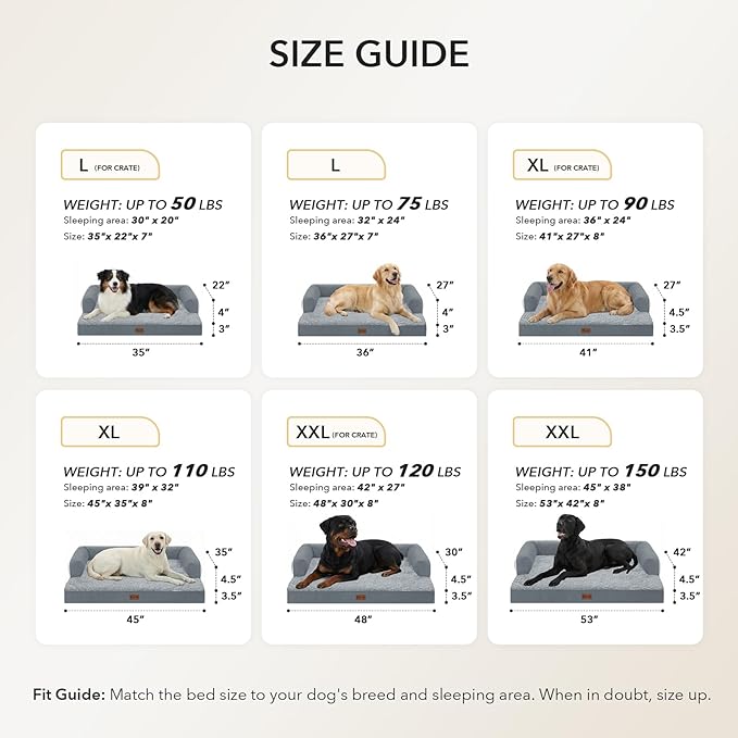 Orthopedic Dog Beds for Extra Large Dogs, Waterproof Egg Crate Foam XL Dog Bed with Sides 41x27Inch, Washable Big Dogs Couch Beds with Removable Cover and Nonskid Bottom, Grey