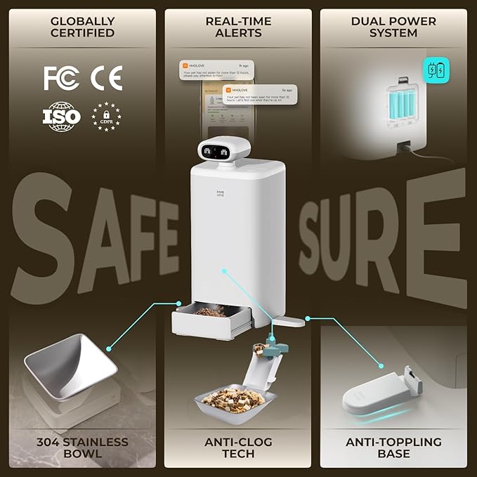 HHOLOVE Automatic Cat Feeder with Camera AI-Powered, 2k HD Video Night Vision, 5G/2.4G Wi-Fi Programmable, 2-Way Audio, Low Food Alert, Blockage Sensor, 1-Year Subscription Version