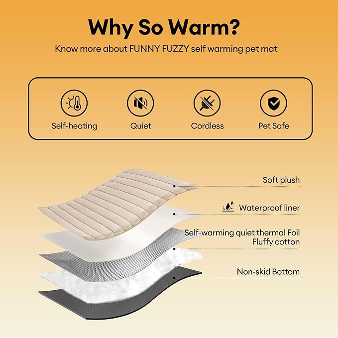 FUNNY FUZZY Self Warming Cat Bed, Waterproof Corduroy Fleece Warm Self Heating Pad for Cats & Dogs, Non-Skid Thermal Pet Mat Indoor with Removable Washable Cover - ThermoPad, 31.5"×25", Khaki