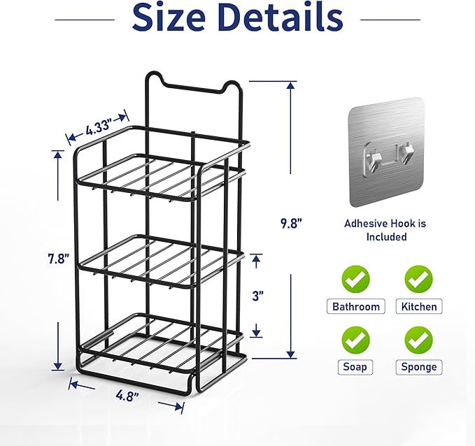 3 Tier Soap Bar Holder, 304 Stainless Steel Soap Dish for Bathroom, Removable Sponge Rack for Kitchen Sink (Black)