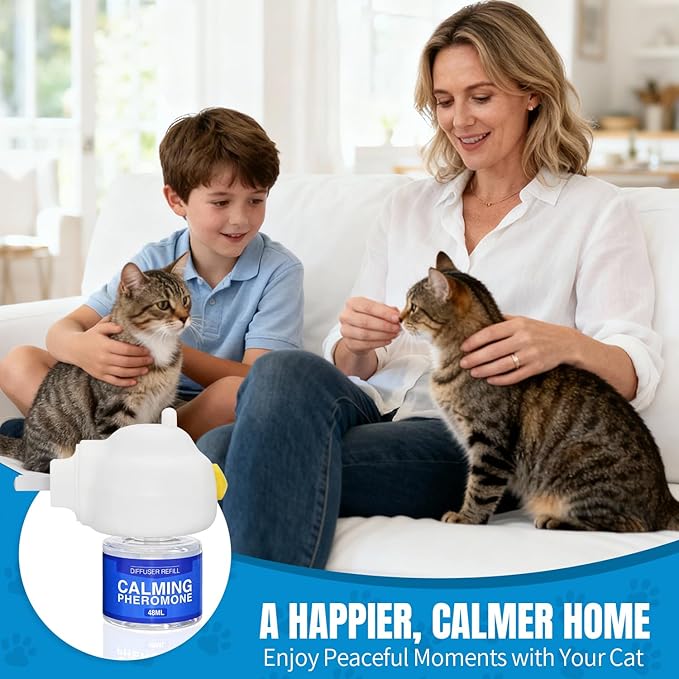 Cat Calming Pheromone Diffuser - Stops Urine Marking & Scratching, Reduce Fighting Spraying Cat Calming Diffuser, Drug-Free Formula for Anxious Cats, 1 Diffuser + 2 Refills Last 60 Days