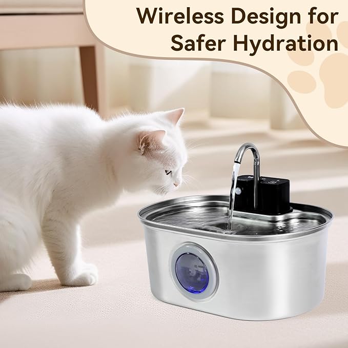 Cat Water Fountain Stainless Steel Wireless,4000mAh 30-Day Battery & Motion Sensor,108oz/3.2L Large Capacity,3-Stage Filtration, Ultra Quiet