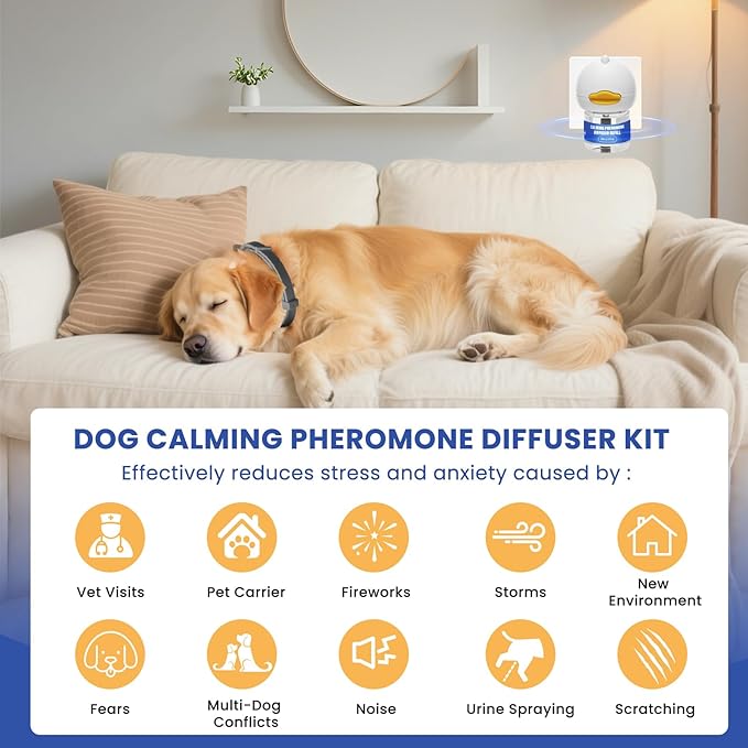 10 Pack Dog Calming Diffuser, Relaxing Pheromone for Dogs Relief Stress Reduce Barking Aggression Scratching（2 Diffuser + 6 Refills + 2 Calming Collars）