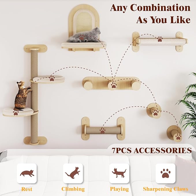 BYBYME 7Pcs Cat Wall Shelves, Solid Wood Indoor Cat Tree, Multi-Levels, Sturdy Wooden Wall Mounted Climbing Frames with Scratching Posts, Kitten Platform and Bed（Natural Wood）