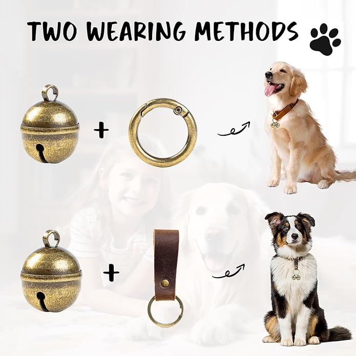 Loud Dog Collar Bells, Durable Pet Bells Tracker for Large Dogs, 4 Copper ells and 2 Leather Button Strap for Outdoor Safety, Pet Tracking, Hiking, Walking