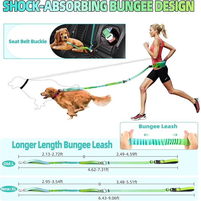 Roses&Poetry Hands Free Dog Leash with Zipper Pouch, 6-9ft Bungee Waist Leash for Medium Large Dogs Walking, Running Lead with Dual Padded Handles Car Safety Buckle for Training Jogging