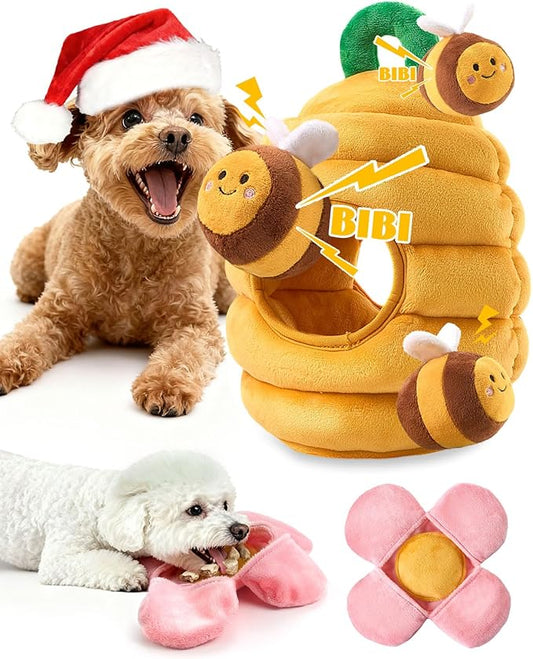 BurgeonNest Dog Toys for Small Dogs,Interactive Plush Squeak Puzzles Chewers to Keep Them Busy,1 Beehive 3 Squeaky Bees,2 Treat Petals,Puppy Xmas Present