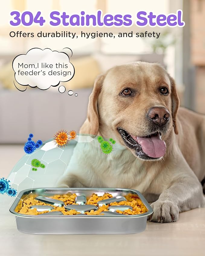 Slow Feeder Dog Bowls with Non-Slip Mat, Stainless Steel Metal Slow Feeder for Small & Medium Dogs, 2.5 Cups Pet Bowl for Fast Eaters, Slows Down Eating, Dishwasher Safe, Anti-Gulping Dog Bowl