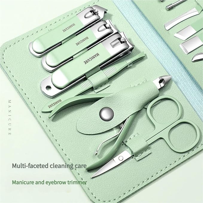 Portable Nail Clipper Set (12/16pcs), Folding Leather Nail Clipper Set, Easy Storage Manicure Kit with Clippers, Cuticle Trimmer & Care Tools, Compact Manicure Kit (Light Green 12PCS)