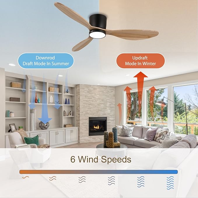 reiga 52" Natural Wood Ceiling Fan with Light and Remote, 3 Blade Flush Mount Low Profile Ceiling Fan for Bedrooom Living Room, Quiet DC Motor