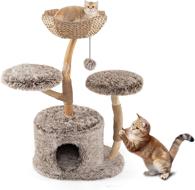 Tangkula Solid Wood Cat Tree, Multi-Level Cat Tower with Well-Woven Cattail Basket, Luxury Condo, Scratching Posts, Dangling Ball, Soft Long Plush Fabric, Modern Boho Cat Tree for Indoor Kittens