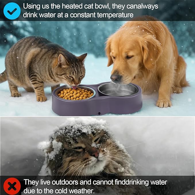 Pet Heated Bowl for Cat Dog, Freeze-Proof Warming Animal Food Feeder with Anti-Chew Cord,Waterproof & Thermostat Heating Bowls Removeable, (2 x 23 fl oz, Purple)