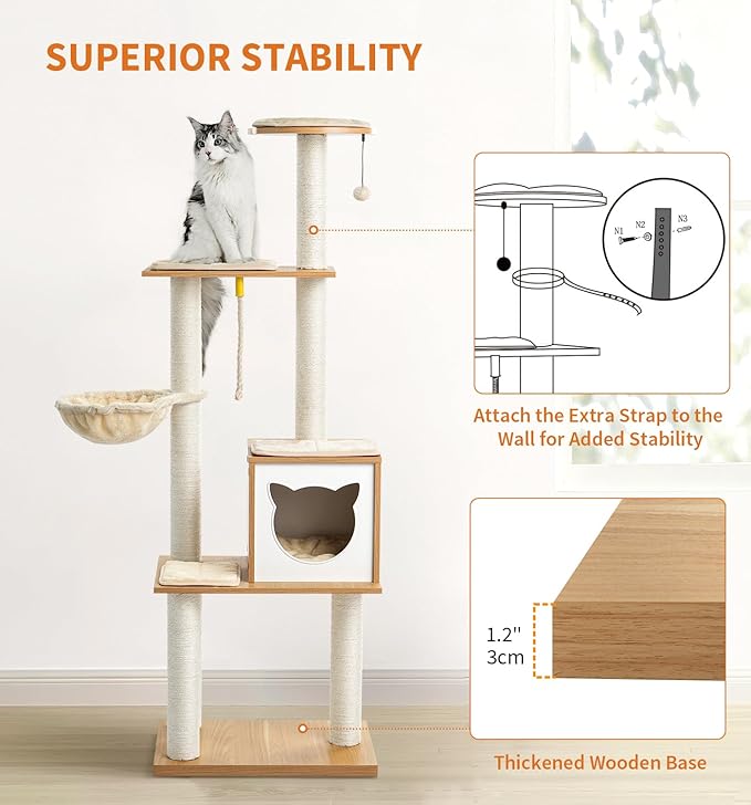 Made4Pets Cat Tree, Modern Cat Tree Tower for Indoor Cats - 65" Tall Wood Condo with Hammock, Scratching Post and Removable Pads for Small Large Cats, Beige