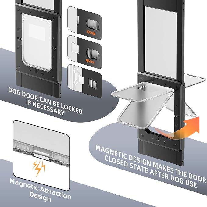 Dog Door for Sliding Glass Door with Magnetic Plastic Flat, Sliding Door Pet Doggie Door Insert with Lock, Adjustable Height No-Cut Required Doggy Door Access for Renters, Apartments, Patio (Black, S)