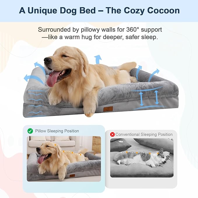 XL Dog Bed for Large Dogs, Orthopedic Dog Bed Egg Crate Foam with Removable Washable Cover, Waterproof Non-Slip Big Pet Sofa with 4-Sides Removable Bolster, Grey