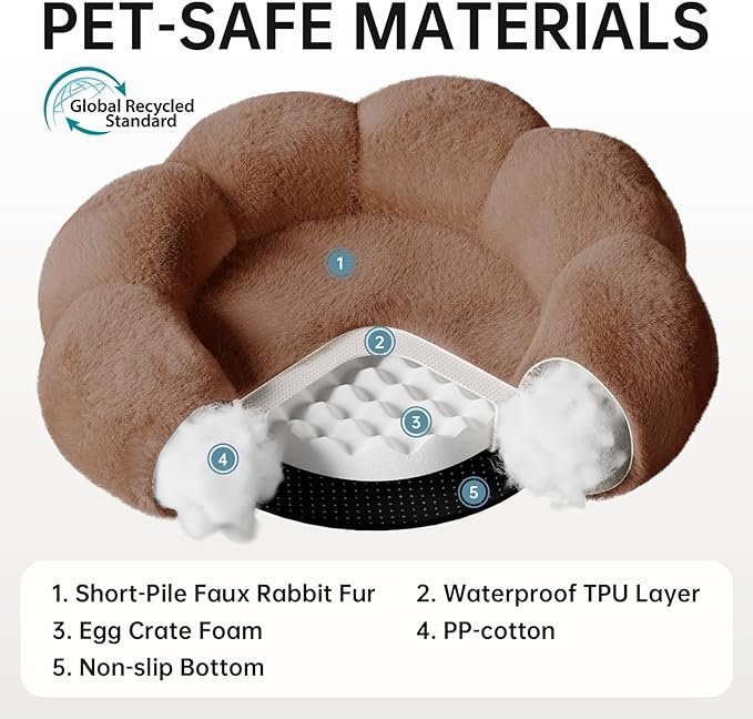 OhGeni 31 inches Calming Donut Orthopedic Dog & Cat Bed for Medium Pets, Warming Comfort Fluffy Short Pile Fur, Durable Waterproof Machine Washable Removable Cover, Cute Round Bed for Puppy, Brown