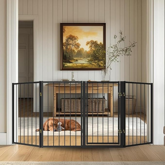 Free Standing Dog Gate with Door,80'' Extra Wide 32'' Tall Metal Dog Gates for Doorways, Foldable Pet Gate Fence Indoor & Outdoor for Stairs,Hallways,Decks,Porch,Yard (4 Panels,Black)