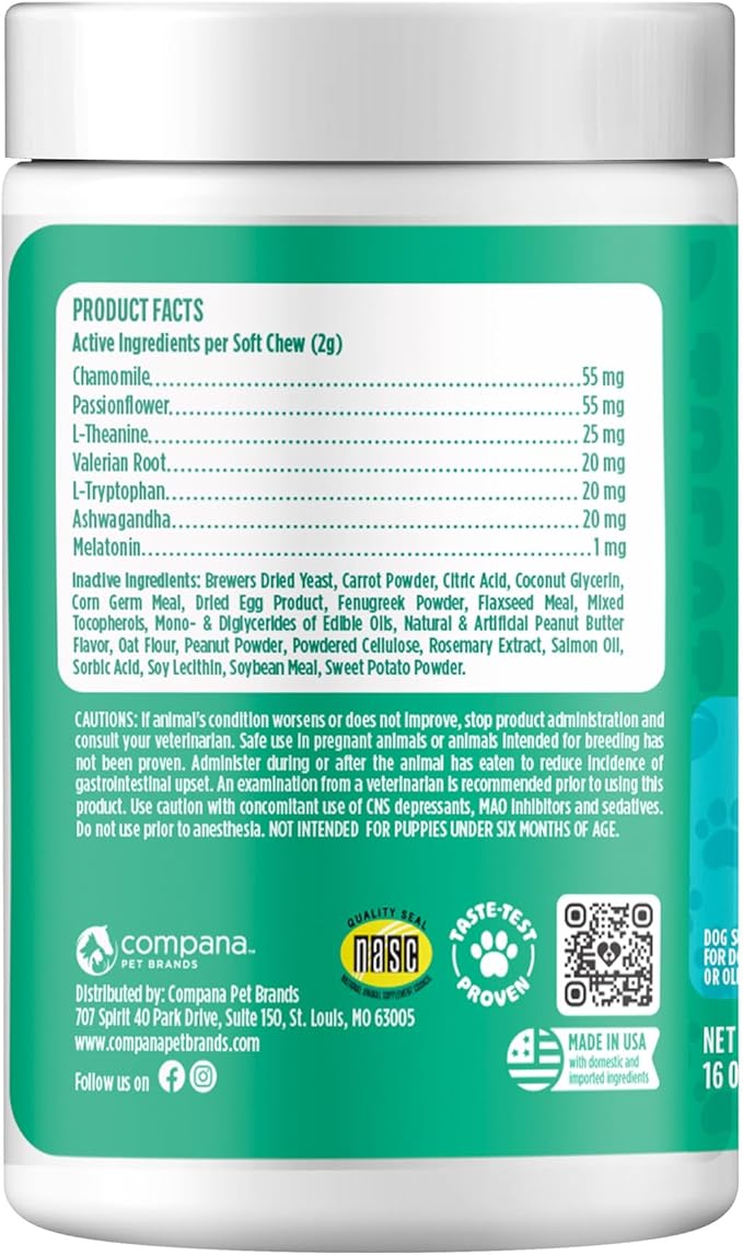 Doggie Dailies Calming Chews, Melatonin & Chamomile for Stress Relief, Relaxation & Anxiety (Peanut Butter, 225 Soft Chews)