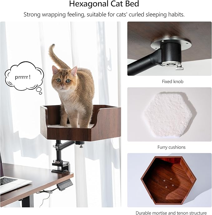 Adjustable Cat Desk Bed with Dual-Protection Locking & 360° Rotation - Super Sturd Space-Saving Perch, Easy Install Modern Design - Supports 28lbs (Walnut/Aluminum Surface)