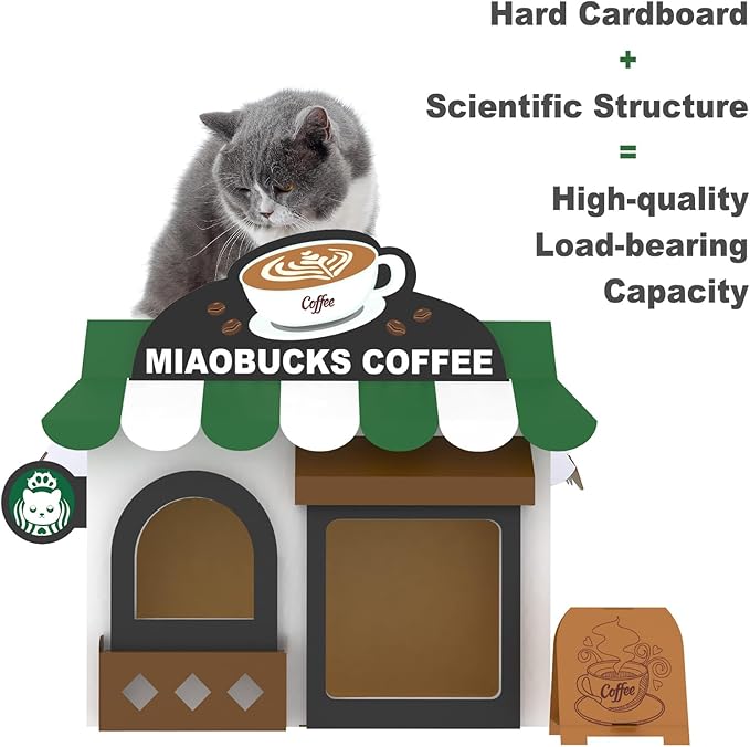 Cardboard Cat House with Scratcher – Coffee Shop Design, 19''L x16''W x15''H, Indoor/Outdoor Cat Playhouse & Hideout, Corrugated Cat Scratch Toy for Cats up to 22 lbs, Small Pets, Cute Home Decor Gift