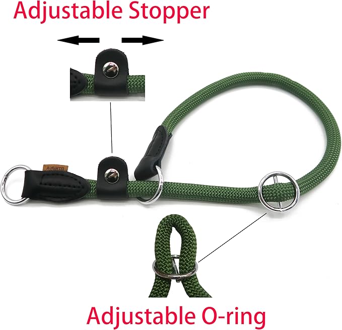 Braided Round Martingale Dog Collar, Training Collar with Slidable Stop Ring and Adjustable Stopper - Ideal for Small Dogs (S(1/4") - 14" Long, Dark Green)
