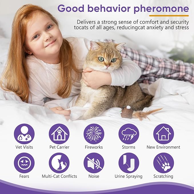 Cat Calming Pheromone Diffuser Kit, 2 Plug-Ins + 4 Refills (48ml Each), Long-Lasting Stress & Anxiety Relief, Reduces Fighting, Spraying & Scratching, Safe & Drug-Free Comfort for All Cats and Kittens