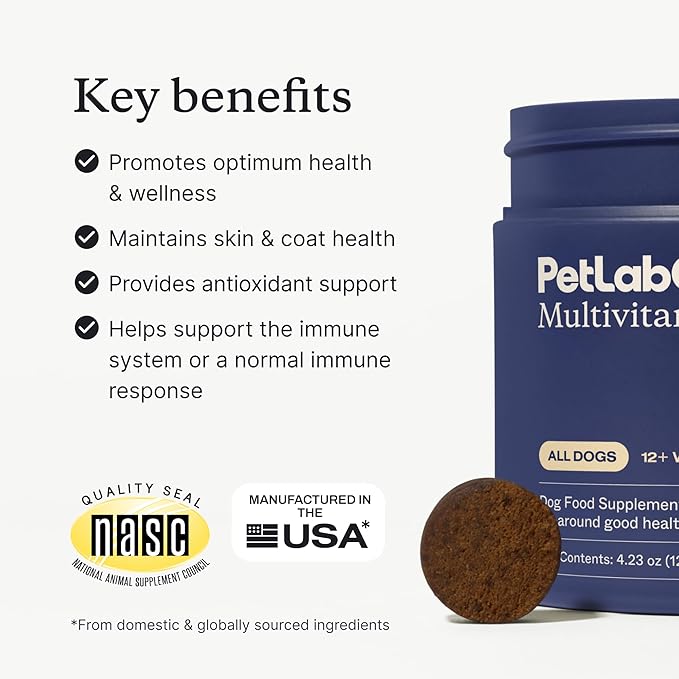 PetLab Co. 22 in 1 Dog Multivitamin - Support Dog's Immune Response, Skin, Coat, Joints & Overall Health - Vitamins A, E, D, B12, Minerals, Antioxidants - Chewable Pork Flavor