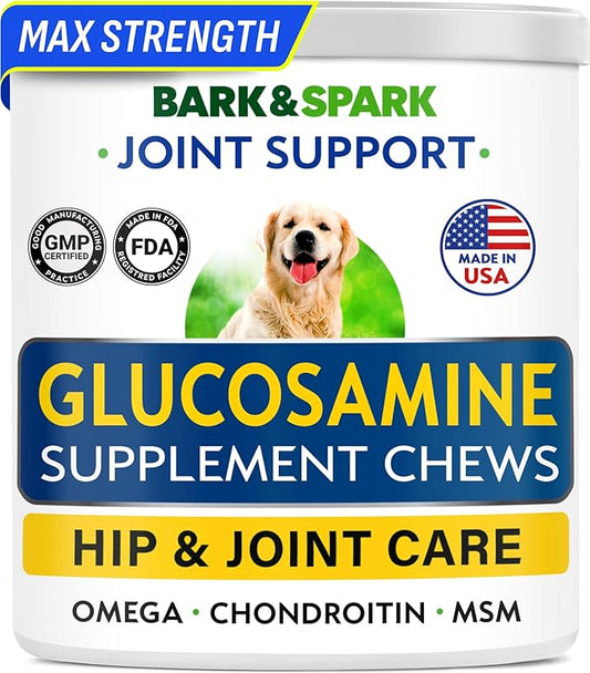 BARK&SPARK Glucosamine Chondroitin Dog Hip & Joint Supplement - Joint Pain Relief - Hip & Joint Chews - Joint Support Large Small Breed - Senior Doggie Vitamin Pill Joint Health (120 Treats - Bacon)