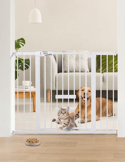 BABELIO 36 Inch Extra Tall Baby Gate with Cat Door, 29-48" Metal Pet Door for Stairs, Doorways, Auto Close, Easy Walk Thru,White