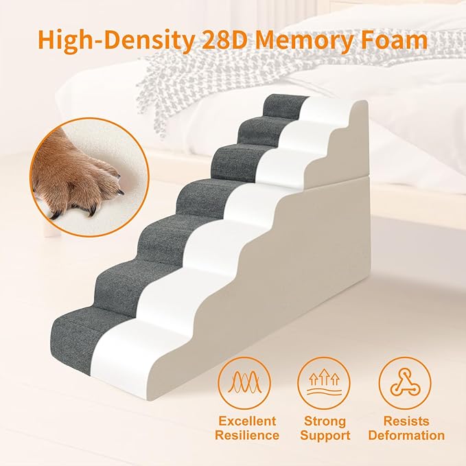 7-Steps Dog Stairs for High Bed and Couch 29.5" H, Wider Pet Stairs for Small Old Large Dogs Cats, 30°Steady Non-Slip Dog Steps, Washable Dog Ramp with Removable Cover, PE Boards