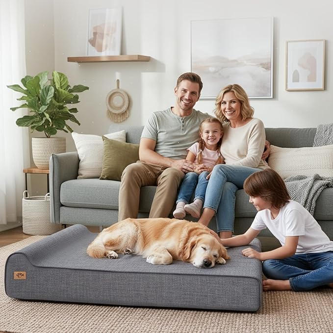 Sytopia 7" Thick Orthopedic Dog Beds for Extra Large Dogs (50" x 34" x 10"), Chew Proof Fabric Cover, 35D Memory Foam Dog Beds with Durable Waterproof Liner & Removable Washable Cover, Grey