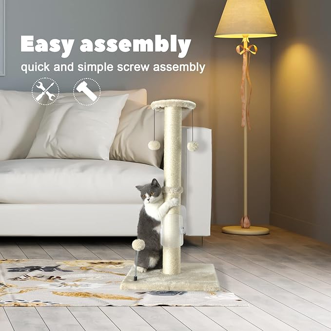 PEEKAB 32" Tall Cat Scratching Post Sisal Rope Scratch Posts with Hanging Ball and Self-Massage Brush Vertical Scratcher for Indoor Cats and Kittens(Beige 32inches)