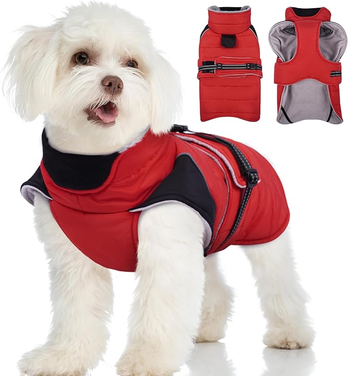 MIGOHI Warm Dog Jacket - Waterproof Small Dog Coat with Furry Collar, Windproof Dogs Fleece Vest, Reflective Cold Weather Coats for Small Dogs, Adjustable Buckle, Poodle,S,RedBlack
