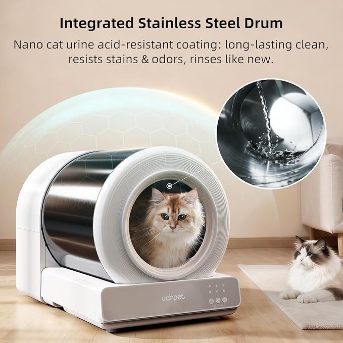 uahpet Stainless Steel Self Cleaning Cat Litter Box, Automatic Cat Litter Box with APP Control, Lower Entry, Safety Sensors Includes Mat & Trash Bags