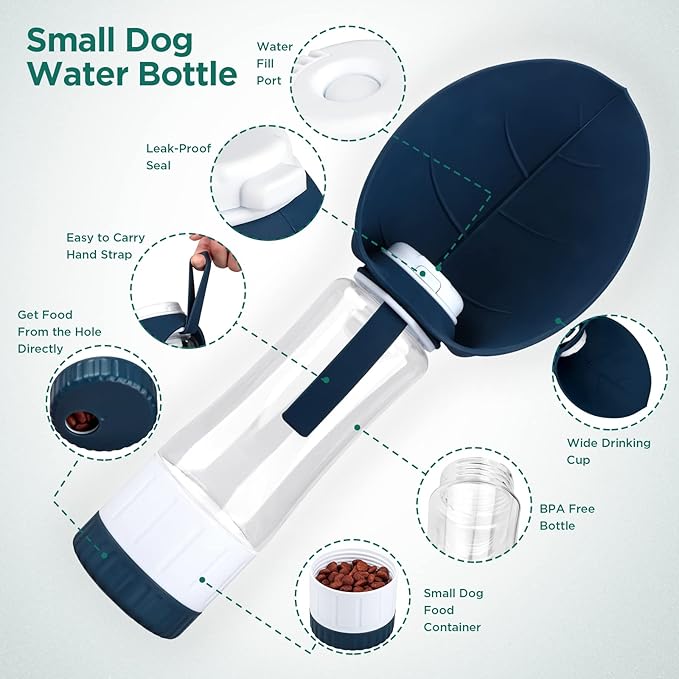Dog Water Bottle, Portable Pet Water Bottle with Food Container and Drinking Feeder, Leak Proof, BPA-Free, Foldable Puppy Water Cup Dispenser for Outdoor Walking, Travel, Hiking 20OZ