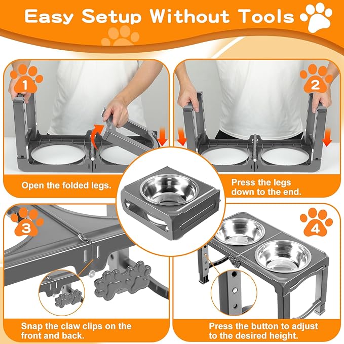Foldable Elevated Dog Bowl Stand with Dual 7.8" Stainless Steel Bowls, 5 Adjustable Heights (3.9"-13.4"), Anti-Slip Portable Travel Pet Feeder, Fits 5.5"-27" Shoulder Height Dogs, Grey