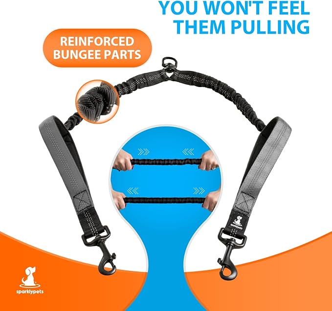 SparklyPets Hands Free Dog Leash for Medium and Large Breeds – Professional Harness with Reflective Stitches for Training, Walking, Jogging and Running Your Pet (Gray, for 2 Dogs Only Coupler)