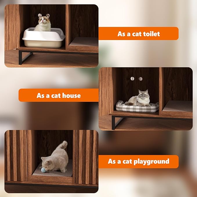 Double Litter Box Enclosure,Modern Cat Litter Box Enclosure for 2 Cats, Hidden Litter Box with Cat Scratch Pad, Cat Washroom Cat House End Table, Entryway Bench for Livingroom (Brown)