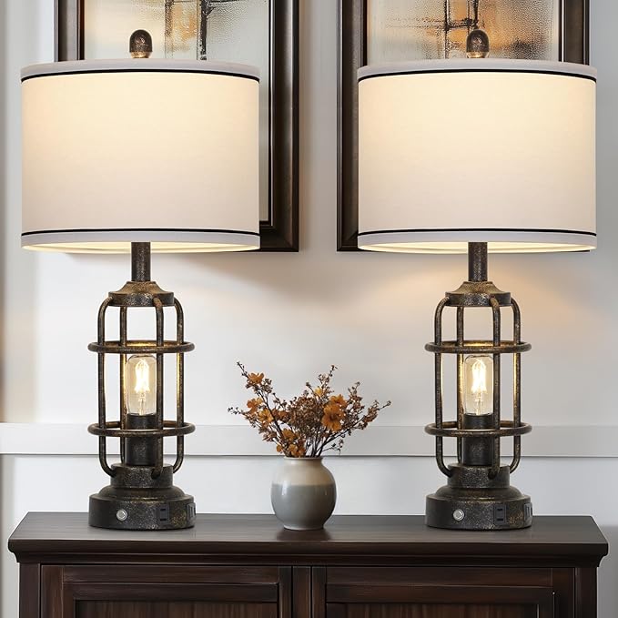 26" Vintage Industrial Table Lamps Set of 2, Farmhouse 3 Way Dimmable Touch Control LED Night Lights Table Lamp with USB A+C Ports & AC Outlet, Rustic Retro Beside Nightstand Lamp for Bedrooms Bronze