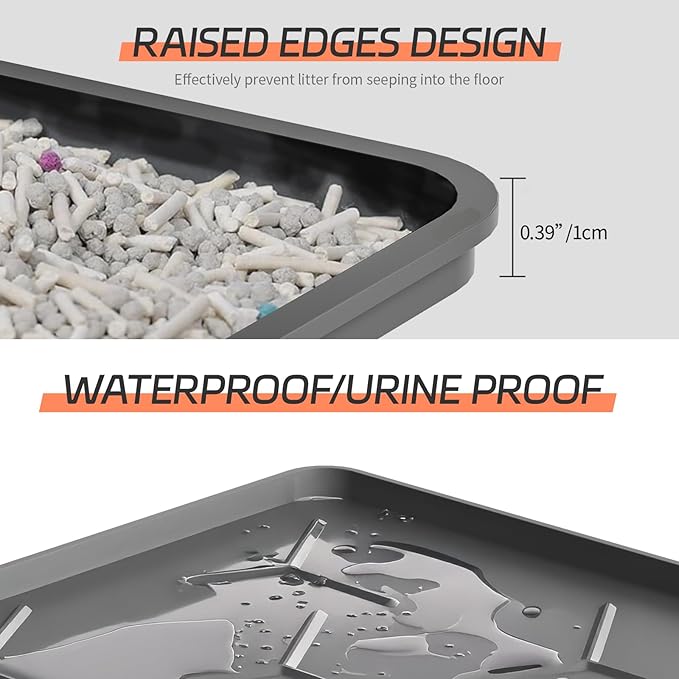 Silicone Cat Litter Mat with Raised Edges, Waterproof/Urineproof, Litter-Collecting Interior Ridges, Soft & Pet-Friendly (24"x16"-Dark Grey)