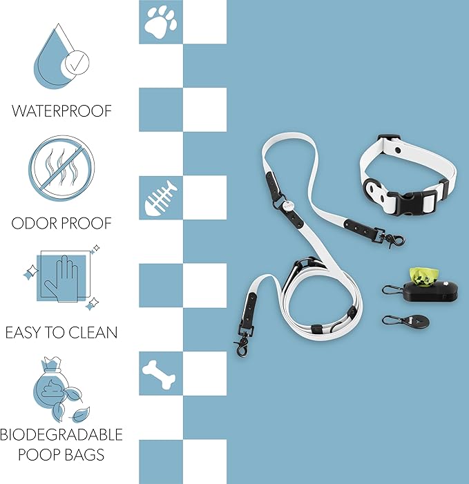 WLK1005F-5SET Luna Medium 8FT Adjustable 6-in-1 Waterproof Hands-Free Leash and Collar with LED Flashlight, Bag Dispenser, and Poop Bag Holder, Seltzer