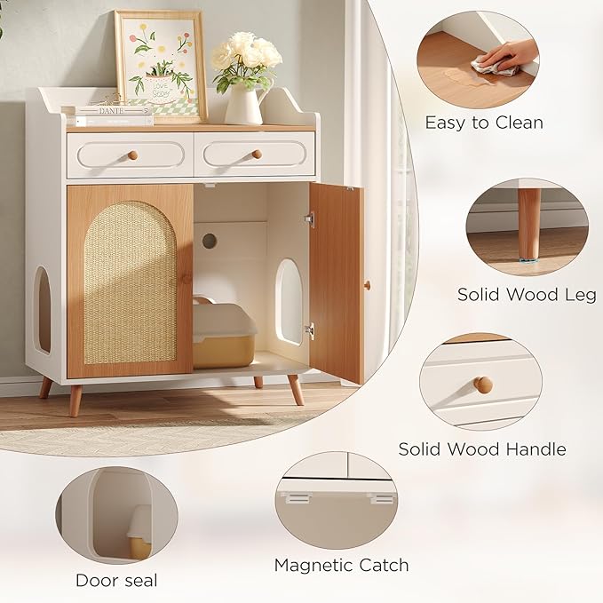Cat Litter Box Enclosure Furniture, Wooden Hidden Litter Box Furniture with Double Rattan Scratching Board Doors, 2 Drawers, Litter Box Cabinet, Cat Cabinet, Natural