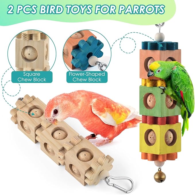 2Pcs Bird Chew Toys for Beak Grinding, Hanging Rotating Wood Block with Bell Parrot Foraging Enrichment Toy for Small to Medium Cocktiel, Conure, Caique