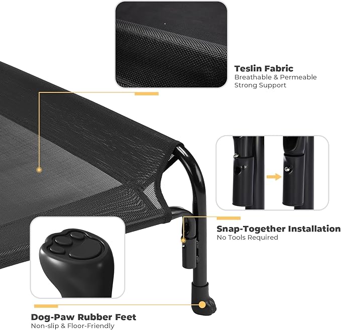 Veehoo Large Elevated Dog Bed, Outdoor Raised Dog Cot Hammock Bed with One-Sided Removable Headrest Bolster, Cooling Breathable Washable Teslin Mesh, Off Ground, Anti-Slip, L, CWC2204BCP